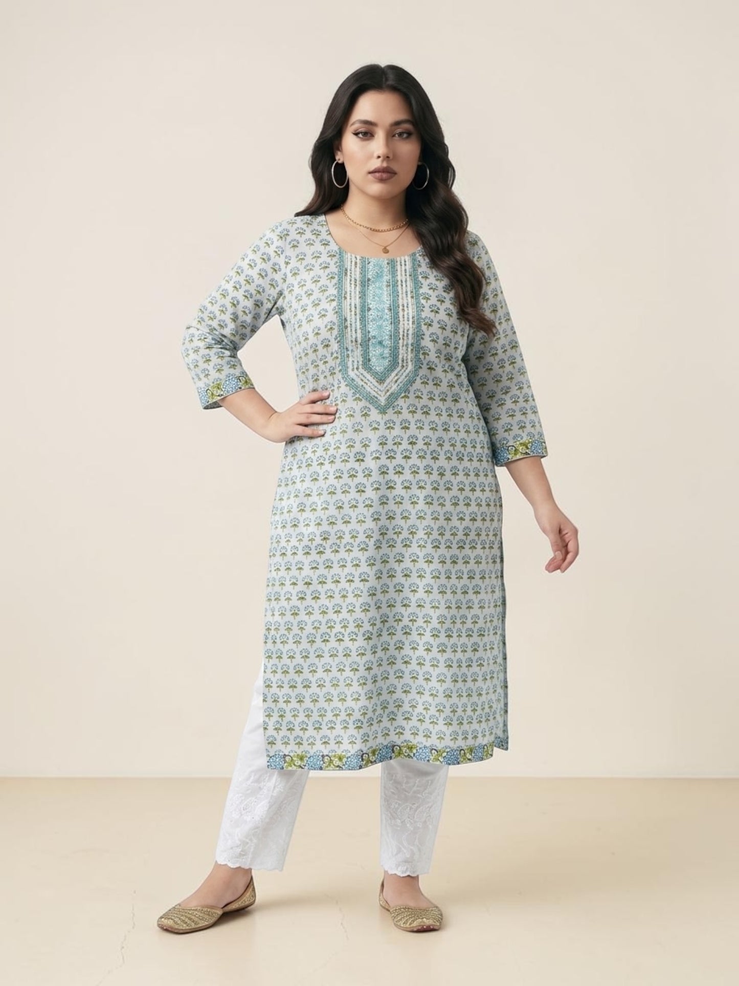 Block Printed Stitched Cotton Kurti With Gota / Lace Work