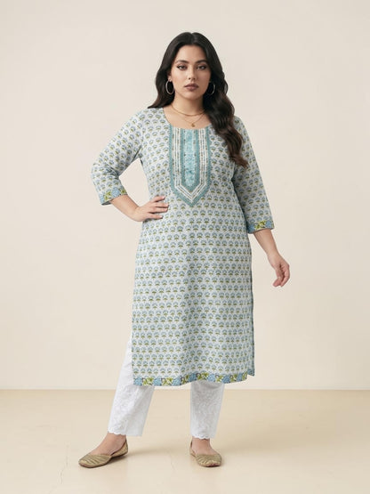 Block Printed Stitched Cotton Kurti With Gota / Lace Work