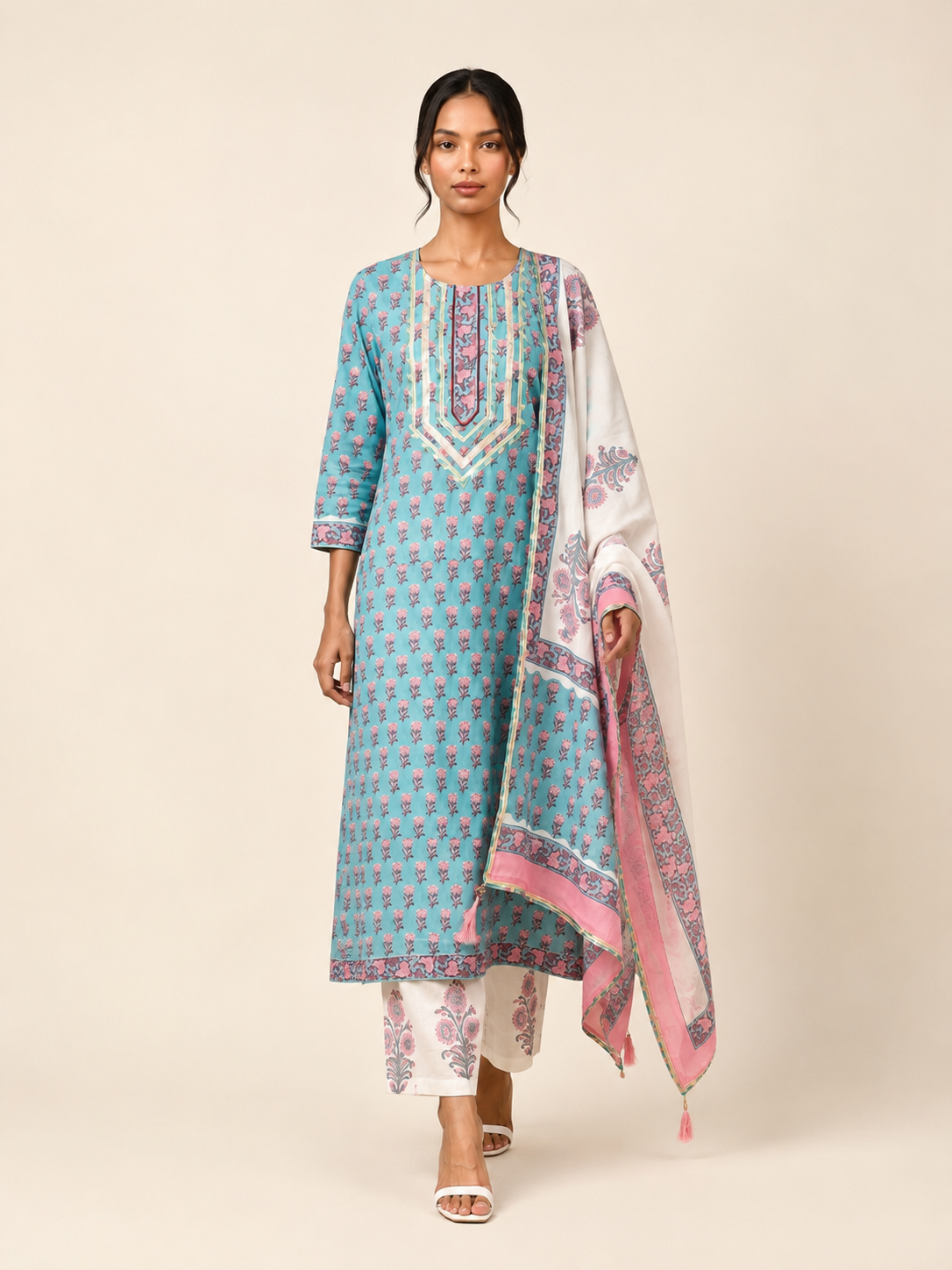 Rangmahal Sky Bloom Hand Block Printed Cotton Suit Set with Mul Mul Dupatta