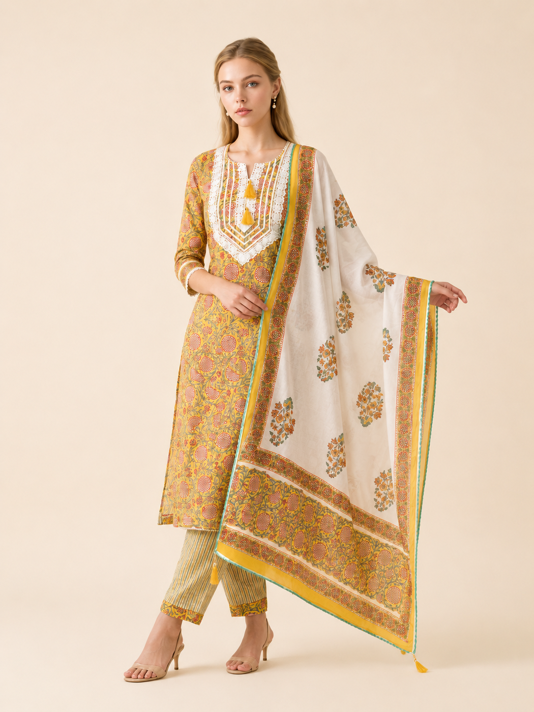 Rangmahal Jaipur Hand Block Printed Cotton Fabric Set with Mul Mul Dupatta & Gota Lace Work