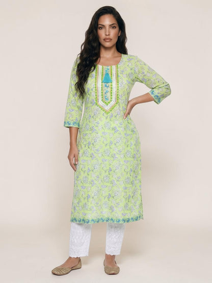 Lime Meadow Cotton Embellished Kurti