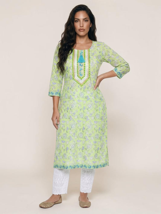 Lime Meadow Cotton Embellished Kurti