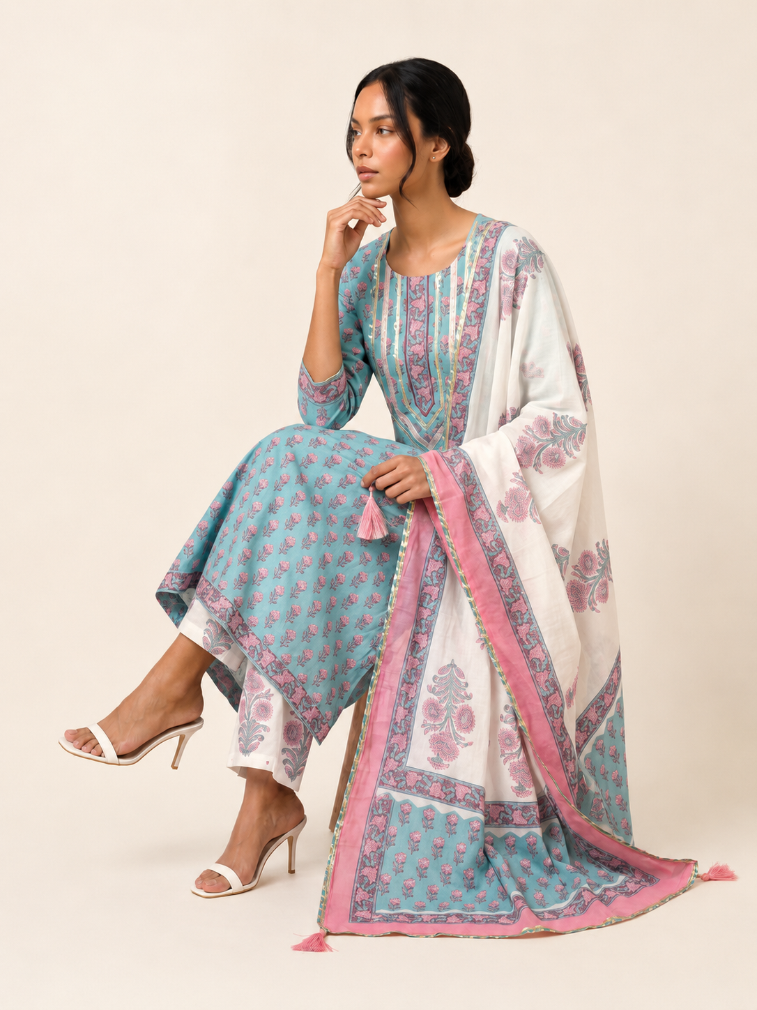 Rangmahal Sky Bloom Hand Block Printed Cotton Suit Set with Mul Mul Dupatta