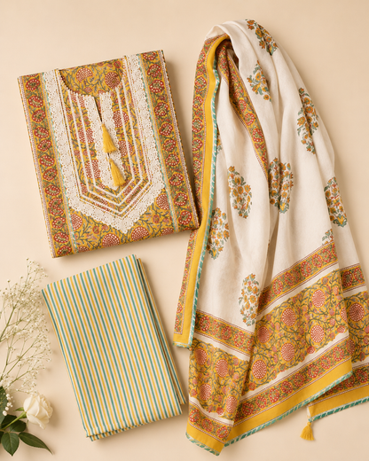 Rangmahal Jaipur Hand Block Printed Cotton Fabric Set with Mul Mul Dupatta & Gota Lace Work