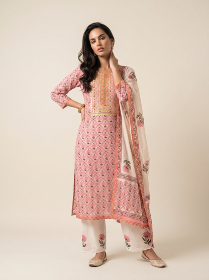 Rangmahal Rose Pink Cotton Suit Fabric Set