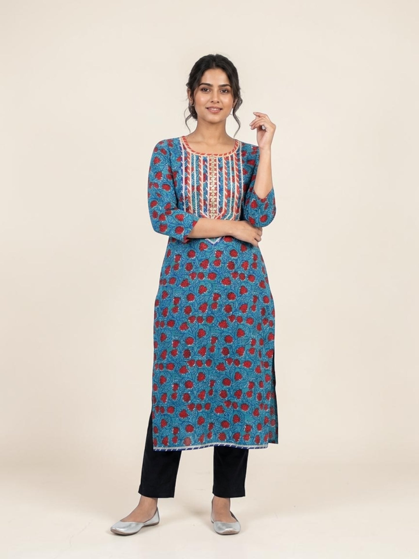 Block Printed Stitched Cotton Kurti With Gota / Lace Work
