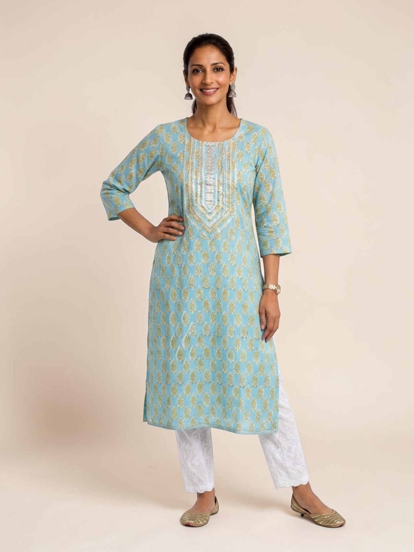 Aqua Noor Hand Block Cotton Kurti