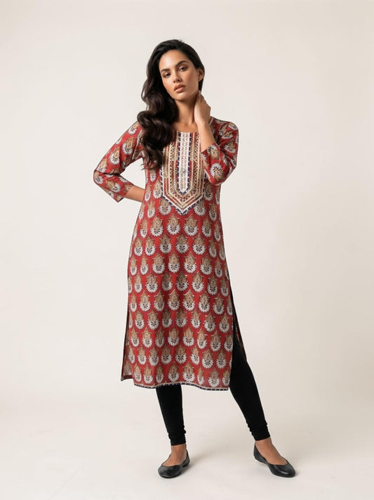Block Printed Stitched Cotton Kurti With Gota / Lace Work