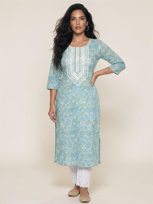 Block Printed Stitched Cotton Kurti With Gota / Lace Work