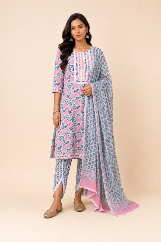 Block Printed Suit With Tulip Pants