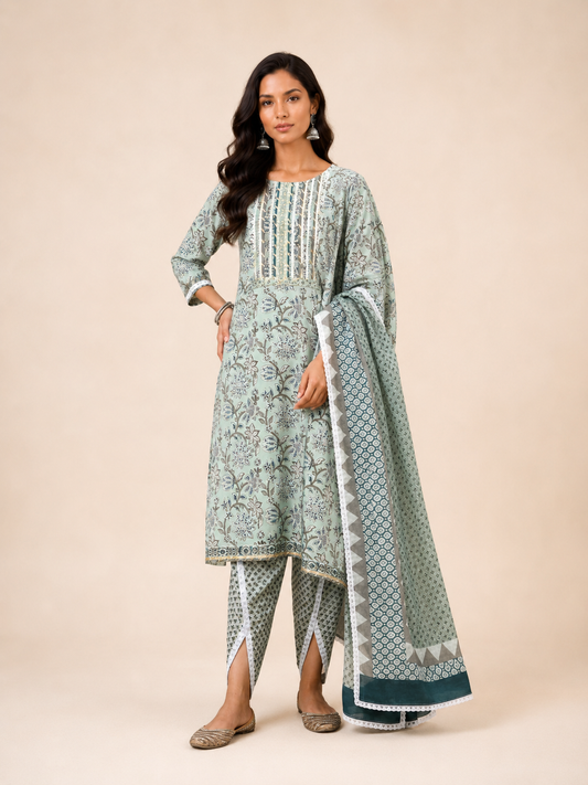 Block Printed Suit With Tulip Pants