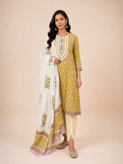Block Printed Suit With Tulip Pants