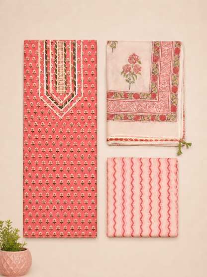Rangmahal Rangrez Floral Cotton Suit Fabric Set with Mul Mul Dupatta