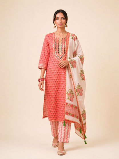 Rangmahal Rangrez Floral Cotton Suit Fabric Set with Mul Mul Dupatta