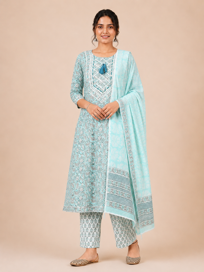 Rangmahal Sky Blue Sanganeri Hand Block Printed Cotton Suit Set