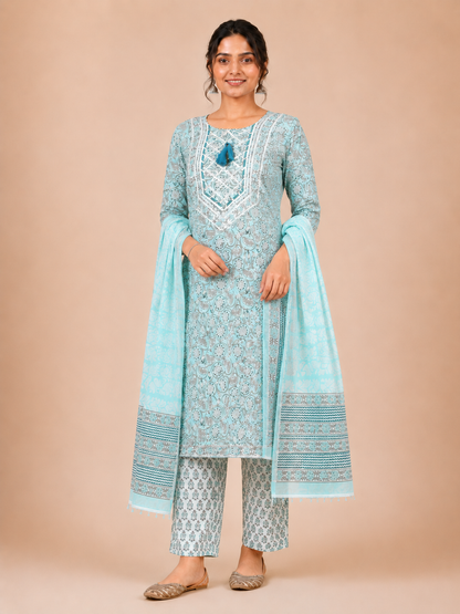 Rangmahal Sky Blue Sanganeri Hand Block Printed Cotton Suit Set
