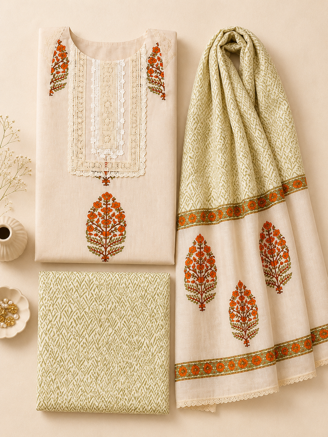 Ivory Meadow Hand Block Printed Cotton Kurta Palazzo Set with Dupatta
