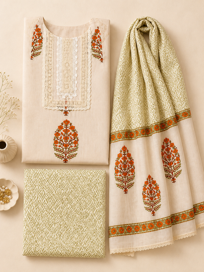 Ivory Meadow Hand Block Printed Cotton Kurta Palazzo Set with Dupatta