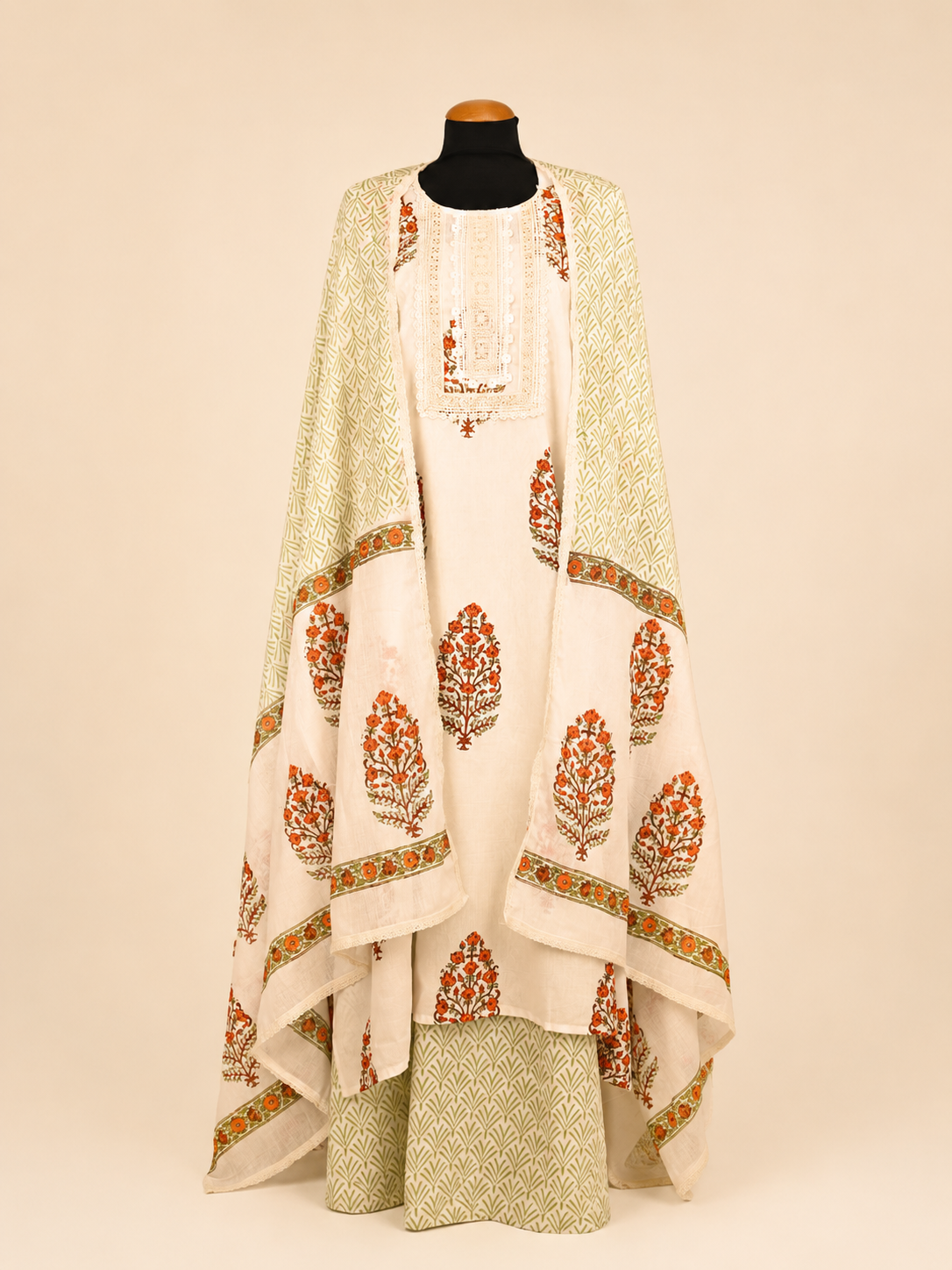 Ivory Meadow Hand Block Printed Cotton Kurta Palazzo Set with Dupatta