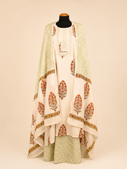 Ivory Meadow Hand Block Printed Cotton Kurta Palazzo Set with Dupatta