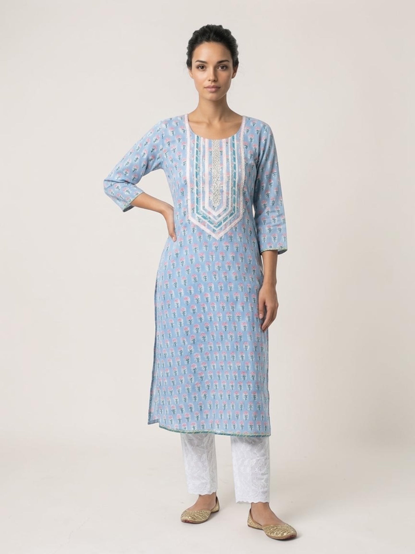 Block Printed Stitched Cotton Kurti With Gota / Lace Work