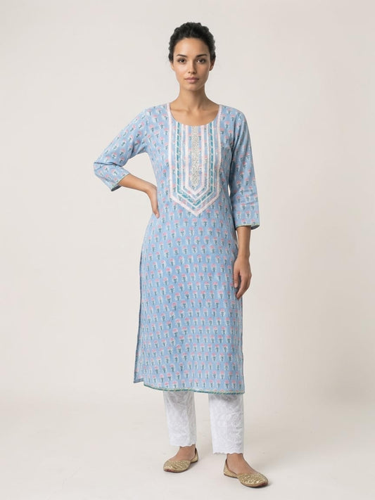 Block Printed Stitched Cotton Kurti With Gota / Lace Work