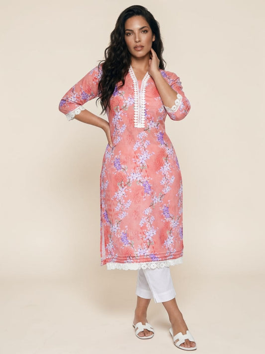 Coral Blossom Cotton Lace Kurti