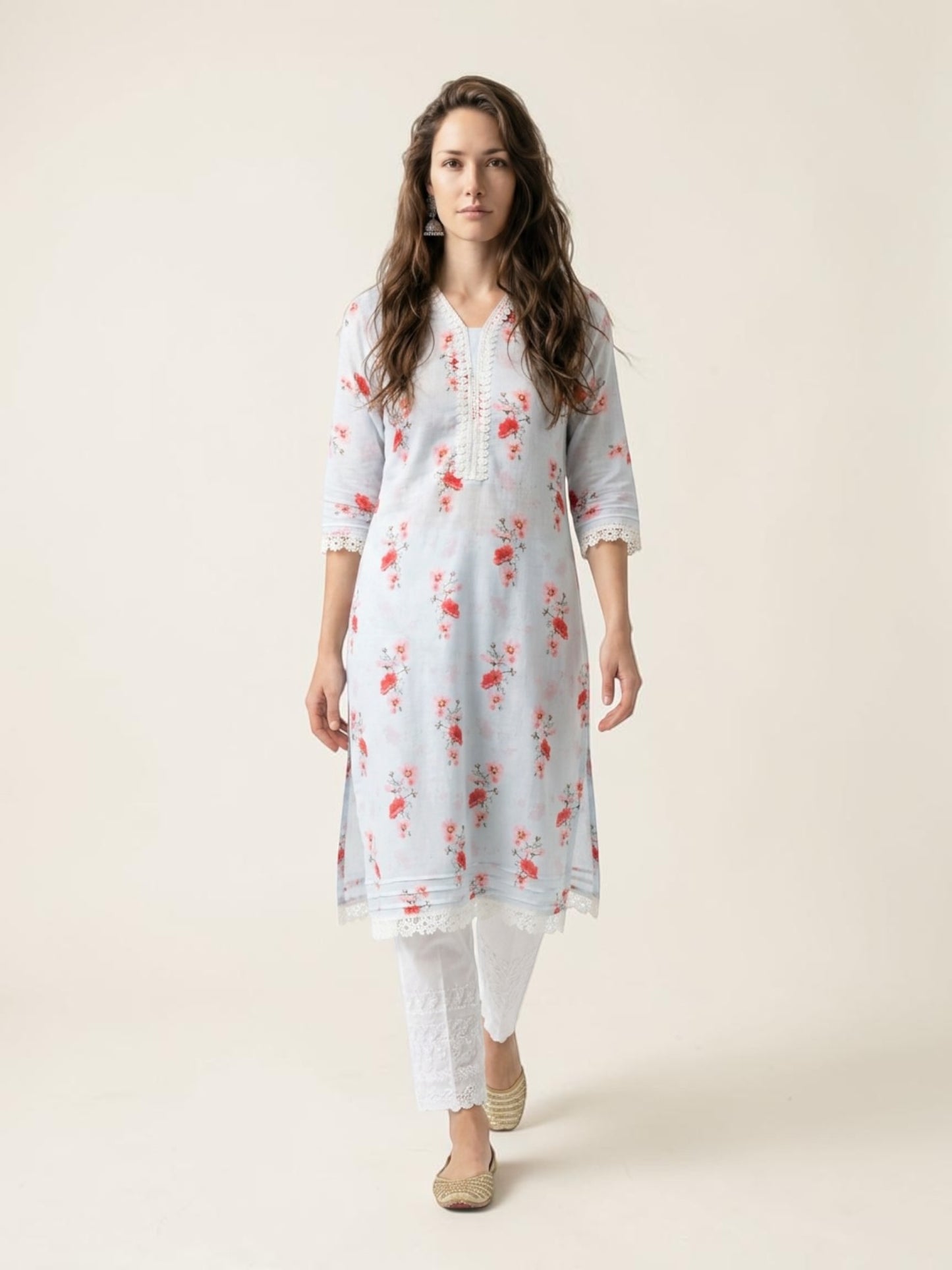 Sky Blossom Cotton Lace Kurti