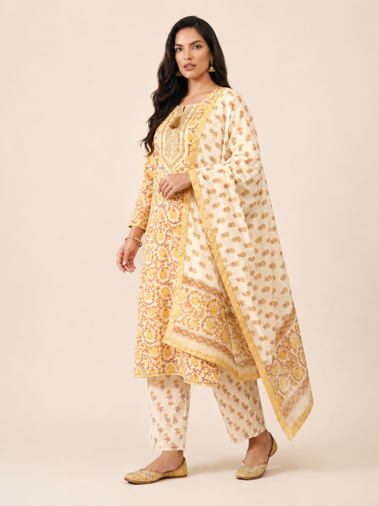 Rangmahal Yellow Cotton Suit Fabric Set
