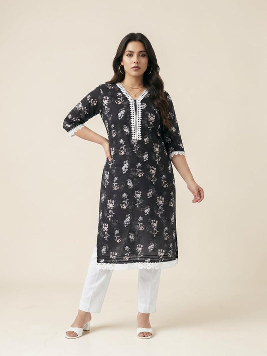 Midnight Bloom Cotton Lace Kurti