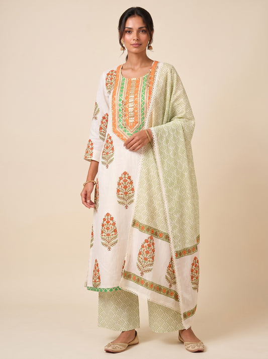 Rangmahal Ivory Cotton Suit Fabric Set