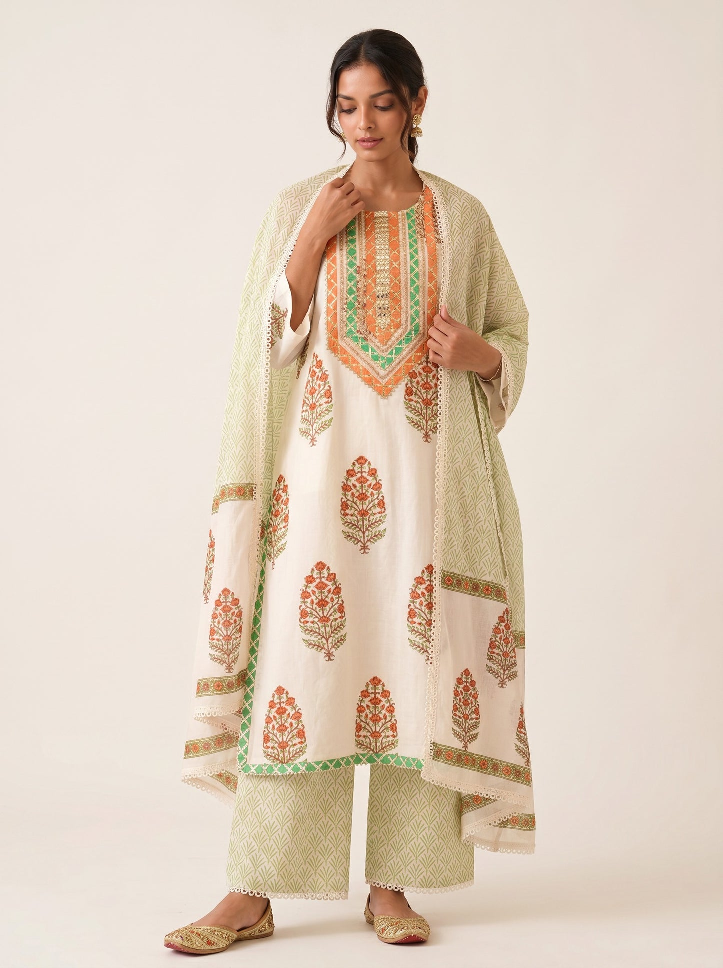 Rangmahal Ivory Cotton Suit Fabric Set