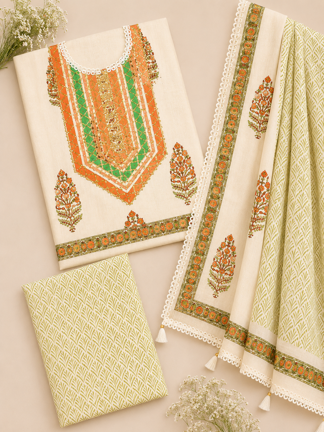 Rangmahal Ivory Cotton Suit Fabric Set