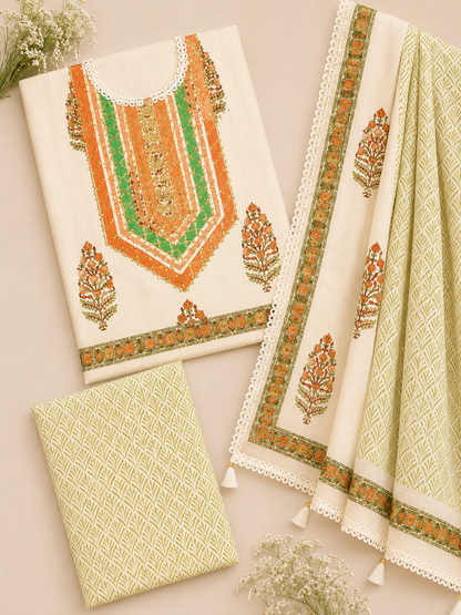 Rangmahal Ivory Cotton Suit Fabric Set