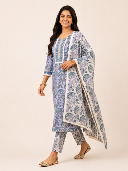 Rangmahal Neel Aangan Hand Block Printed Cotton Suit Fabric Set with Mul Mul Dupatta