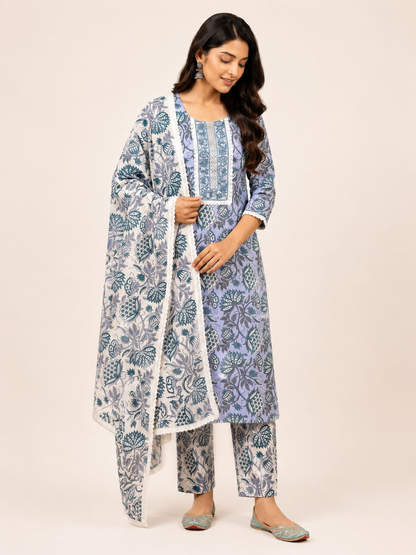 Rangmahal Neel Aangan Hand Block Printed Cotton Suit Fabric Set with Mul Mul Dupatta