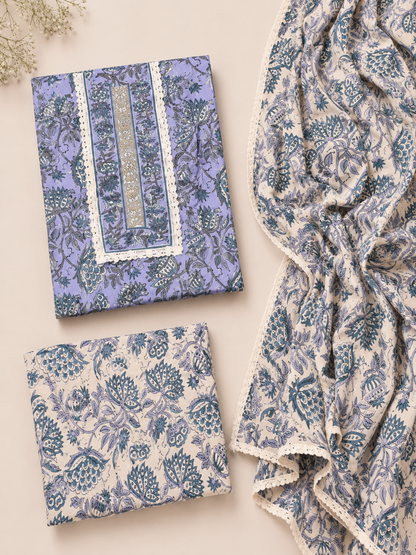 Rangmahal Neel Aangan Hand Block Printed Cotton Suit Fabric Set with Mul Mul Dupatta