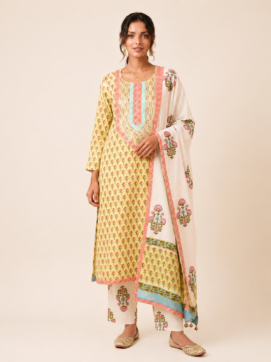 Rangmahal Gulnaar Cotton Fabric Set with Mul Mul Dupatta