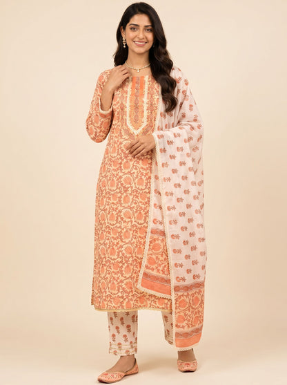 Rangmahal Peach Cotton Suit Fabric Set