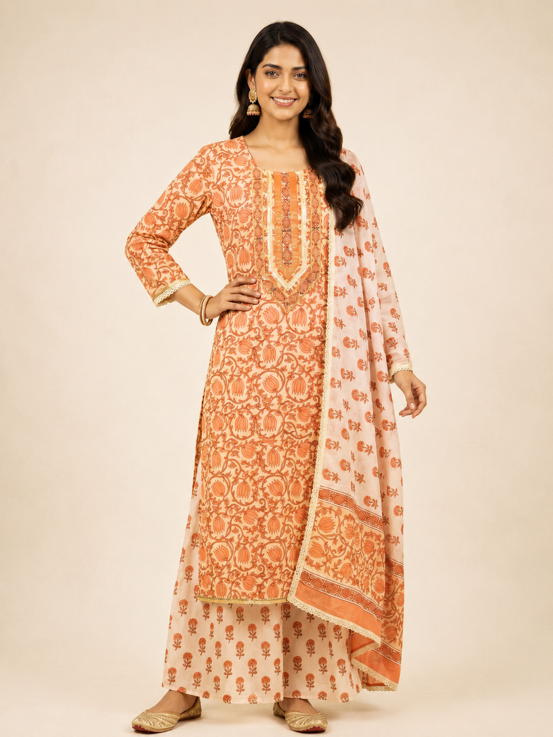 Rangmahal Peach Cotton Suit Fabric Set
