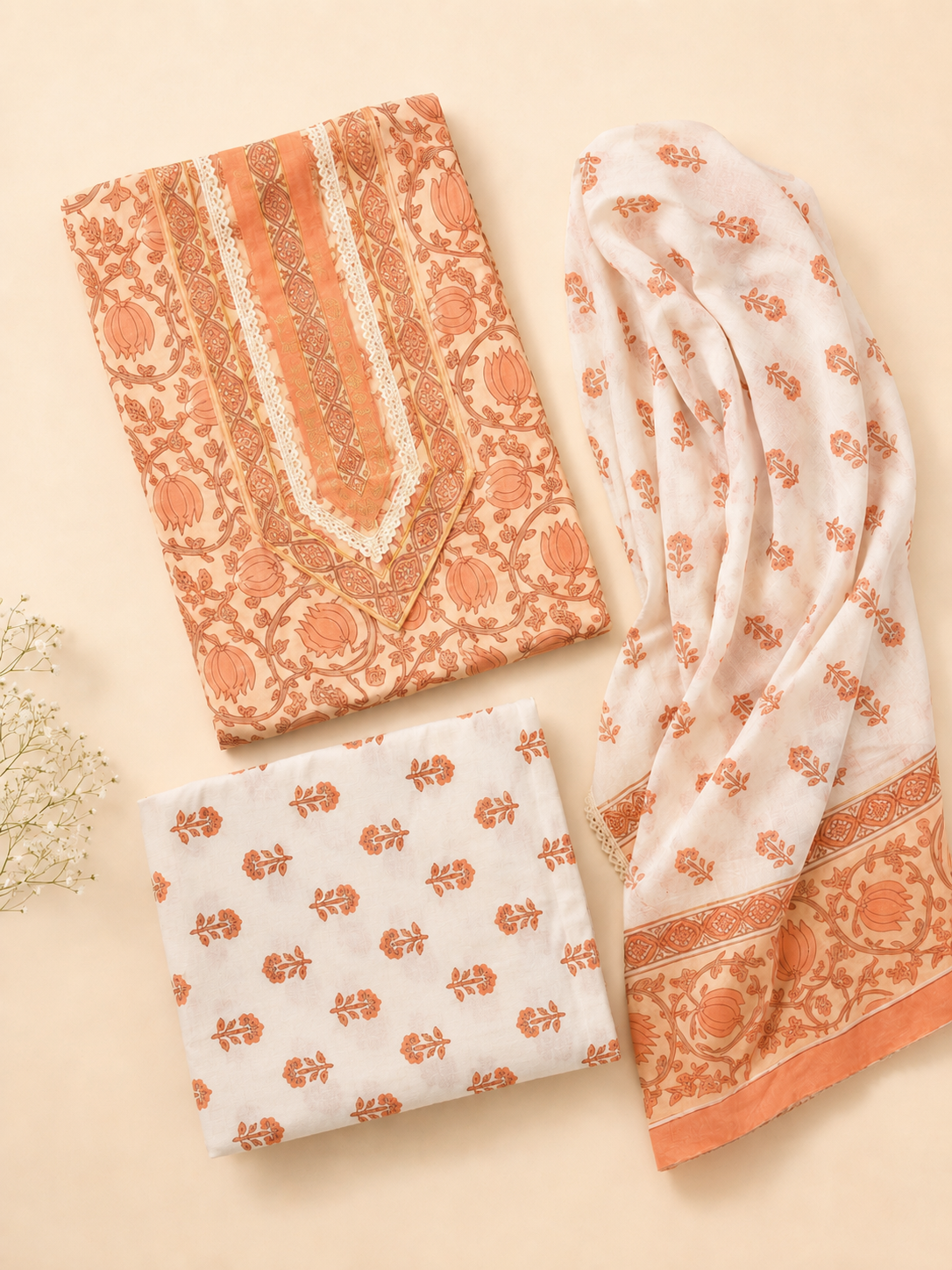Rangmahal Peach Cotton Suit Fabric Set