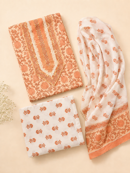 Rangmahal Peach Cotton Suit Fabric Set