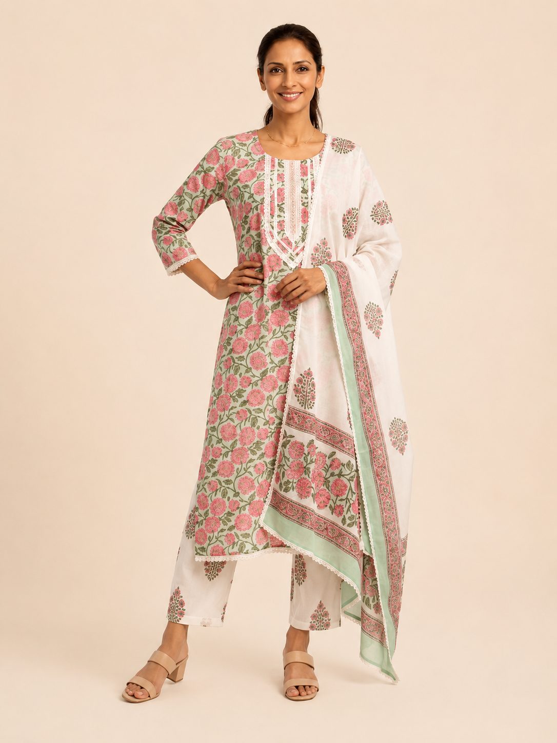 Rangmahal Blush Garden Sanganeri Hand Block Printed Cotton Suit Set with Mul Mul Dupatta