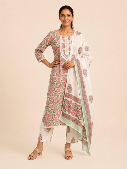 Rangmahal Blush Garden Sanganeri Hand Block Printed Cotton Suit Set with Mul Mul Dupatta