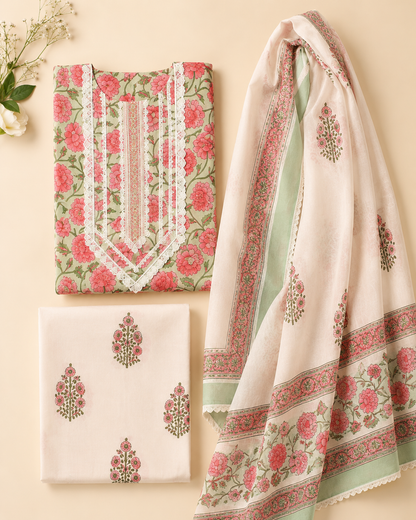 Rangmahal Blush Garden Sanganeri Hand Block Printed Cotton Suit Set with Mul Mul Dupatta