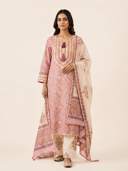Rangmahal Rosé Aura Hand Block Printed Cotton Suit Set with Mul Mul Dupatta