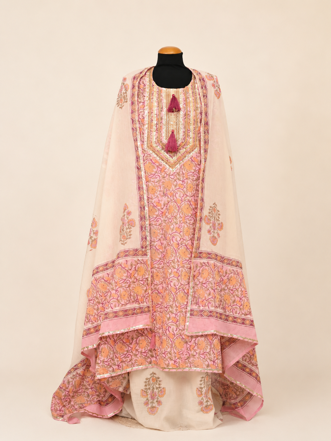 Rangmahal Rosé Aura Hand Block Printed Cotton Suit Set with Mul Mul Dupatta