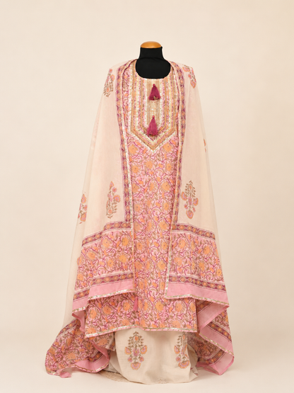 Rangmahal Rosé Aura Hand Block Printed Cotton Suit Set with Mul Mul Dupatta