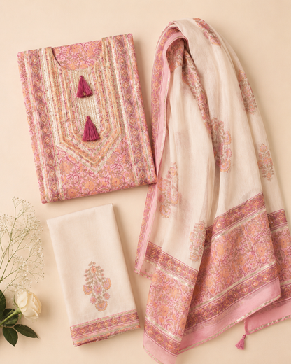Rangmahal Rosé Aura Hand Block Printed Cotton Suit Set with Mul Mul Dupatta