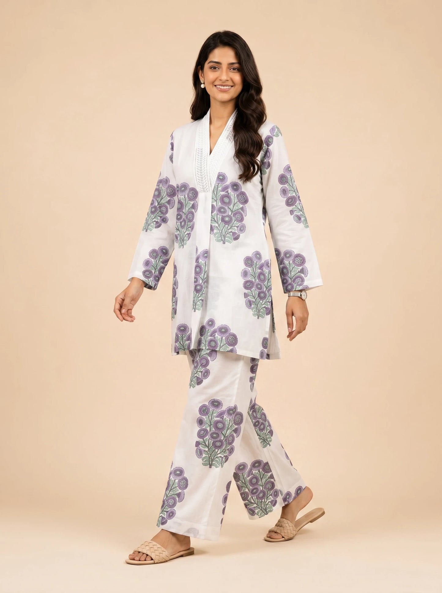 Lavender Bloom White Hand Block Printed Premium Cotton Co-Ord Set